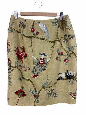 Silk Club Collection Linen Skirt Novelty Print Panda Bird Scenic Size 14